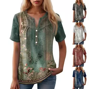Женская повседневная футболка с v-образным вырезом и коротким рукавом с цветочным принтом и декоративными пуговицами, топ XL
