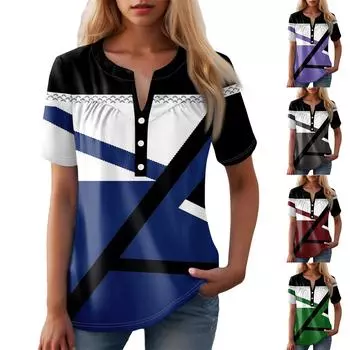 Женская повседневная футболка с v-образным вырезом и коротким рукавом с цветочным принтом и декоративными пуговицами, топ L армия зеленый