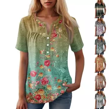 Женская повседневная футболка с v-образным вырезом и коротким рукавом с цветочным принтом и декоративными пуговицами, топ L циан
