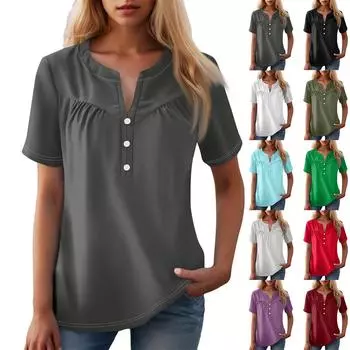 Женская повседневная футболка с v-образным вырезом и коротким рукавом с цветочным принтом и декоративными пуговицами, топ L армия зеленый