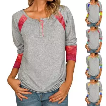 Женская повседневная футболка с v-образным вырезом и коротким рукавом с цветочным принтом и декоративными пуговицами, топ L синий