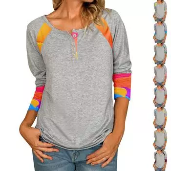 Женская повседневная футболка с v-образным вырезом и коротким рукавом с цветочным принтом и декоративными пуговицами, топ L темно-фиолетового