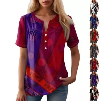 Женская повседневная футболка с v-образным вырезом и коротким рукавом с цветочным принтом и декоративными пуговицами, топ XXL