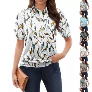 Женская повседневная футболка с v-образным вырезом и коротким рукавом с цветочным принтом и декоративными пуговицами, топ L чёрный