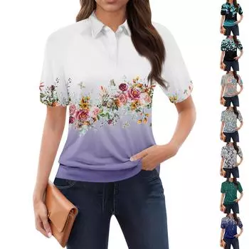 Женская повседневная футболка с v-образным вырезом и коротким рукавом с цветочным принтом и декоративными пуговицами, топ L синий