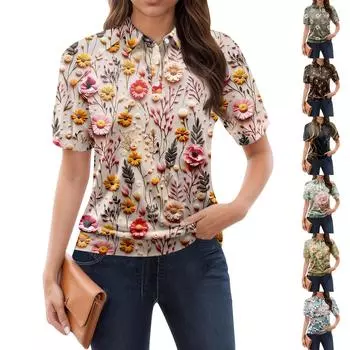 Женская повседневная футболка с v-образным вырезом и коротким рукавом с цветочным принтом и декоративными пуговицами, топ L кофейный