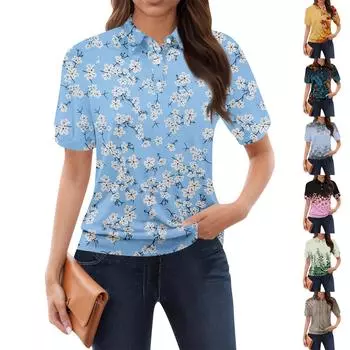 Женская повседневная футболка с v-образным вырезом и коротким рукавом с цветочным принтом и декоративными пуговицами, топ L темно-синий