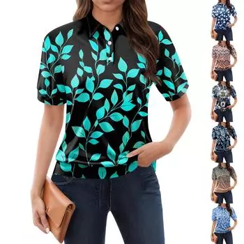 Женская повседневная футболка с v-образным вырезом и коротким рукавом с цветочным принтом и декоративными пуговицами, топ L синий