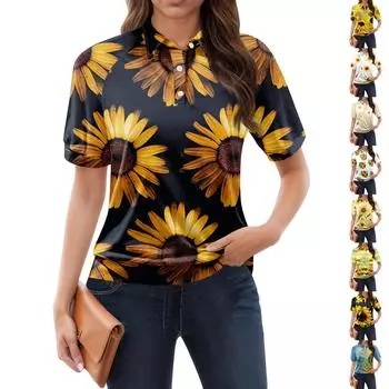 Женская повседневная футболка с v-образным вырезом и коротким рукавом с цветочным принтом и декоративными пуговицами, топ L