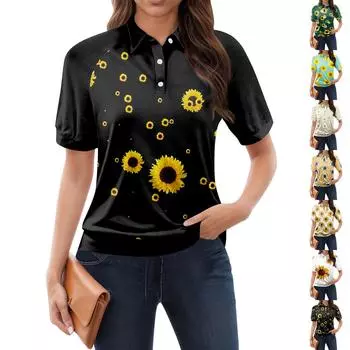 Женская повседневная футболка с v-образным вырезом и коротким рукавом с цветочным принтом и декоративными пуговицами, топ L чёрный