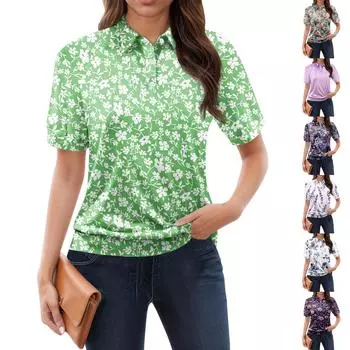 Женская повседневная футболка с v-образным вырезом и коротким рукавом с цветочным принтом и декоративными пуговицами, топ L армия зеленый
