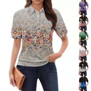 Женская повседневная футболка с v-образным вырезом и коротким рукавом с цветочным принтом и декоративными пуговицами, топ L