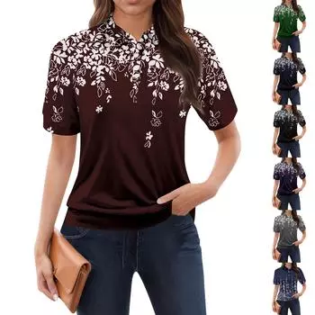 Женская повседневная футболка с v-образным вырезом и коротким рукавом с цветочным принтом и декоративными пуговицами, топ L чёрный