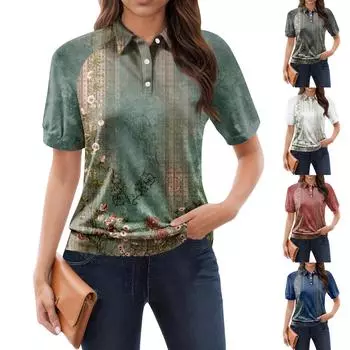 Женская повседневная футболка с v-образным вырезом и коротким рукавом с цветочным принтом и декоративными пуговицами, топ L