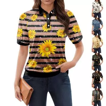 Женская повседневная футболка с v-образным вырезом и коротким рукавом с цветочным принтом и декоративными пуговицами, топ L