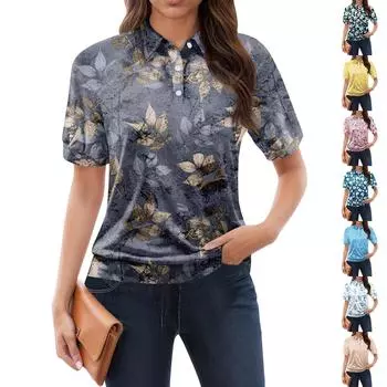Женская повседневная футболка с v-образным вырезом и коротким рукавом с цветочным принтом и декоративными пуговицами, топ L синий