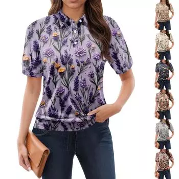 Женская повседневная футболка с v-образным вырезом и коротким рукавом с цветочным принтом и декоративными пуговицами, топ L бежевый