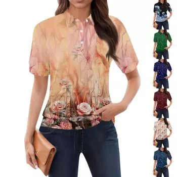 Женская повседневная футболка с v-образным вырезом и коротким рукавом с цветочным принтом и декоративными пуговицами, топ L темно-синий