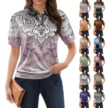 Женская повседневная футболка с v-образным вырезом и коротким рукавом с цветочным принтом и декоративными пуговицами, топ L