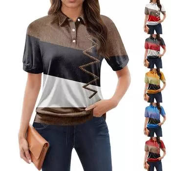 Женская повседневная футболка с v-образным вырезом и коротким рукавом с цветочным принтом и декоративными пуговицами, топ L коричневый