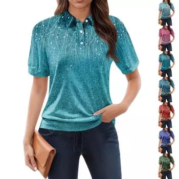 Женская повседневная футболка с v-образным вырезом и коротким рукавом с цветочным принтом и декоративными пуговицами, топ L