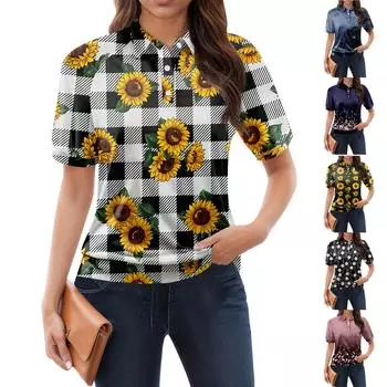 Женская повседневная футболка с v-образным вырезом и коротким рукавом с цветочным принтом и декоративными пуговицами, топ L