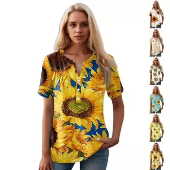 Женская повседневная футболка с v-образным вырезом и коротким рукавом с цветочным принтом и декоративными пуговицами, топ XXXL