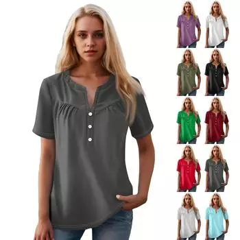 Женская повседневная футболка с v-образным вырезом и коротким рукавом с цветочным принтом и декоративными пуговицами, топ XL