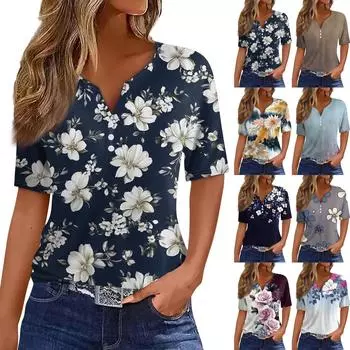 Женская повседневная футболка с v-образным вырезом и короткими рукавами, декоративная футболка на пуговицах, топ L чёрный