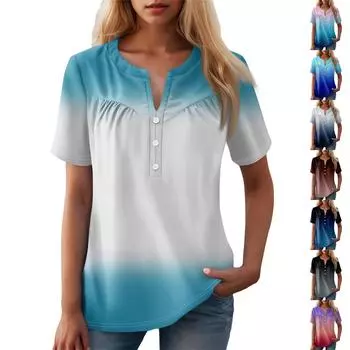 Женская повседневная футболка с v-образным вырезом и коротким рукавом с цветочным принтом и декоративными пуговицами, топ L кофейный