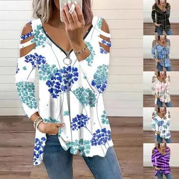 Женская повседневная футболка с v-образным вырезом и открытыми плечами и длинными рукавами с цветочным принтом XXXL чёрный