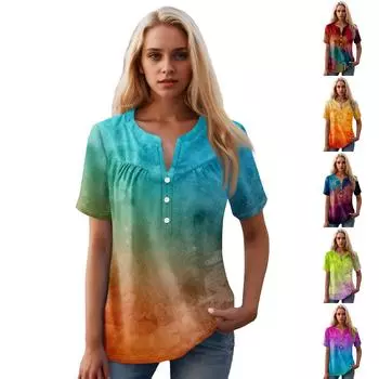 Женская повседневная футболка с v-образным вырезом и коротким рукавом с цветочным принтом и декоративными пуговицами, топ M оранжевый