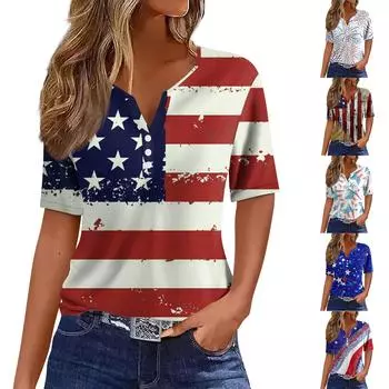 Женская повседневная футболка с v-образным вырезом и короткими рукавами, украшенная пуговицами, с принтом в честь Дня независимости, топ L синий