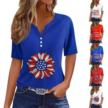 Женская повседневная футболка с v-образным вырезом и короткими рукавами, украшенная пуговицами, с принтом в честь Дня независимости, топ L синий