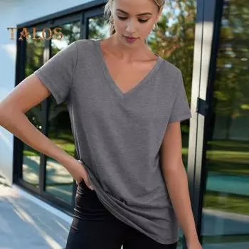Женская повседневная футболка с v-образным вырезом и короткими рукавами, пуловер, однотонная футболка свободного покроя, летние эластичные топы, уличная одежда 2XL армия зеленый