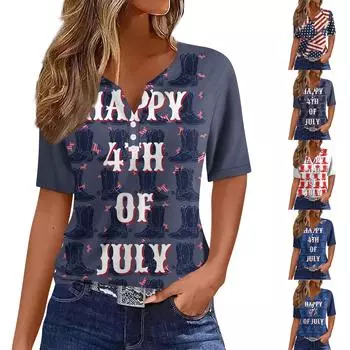 Женская повседневная футболка с v-образным вырезом и короткими рукавами, украшенная пуговицами, с принтом в честь Дня независимости, топ L