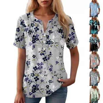Женская повседневная футболка с v-образным вырезом и коротким рукавом с цветочным принтом и декоративными пуговицами, топ XXXL