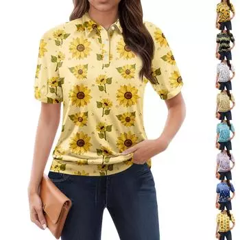 Женская повседневная футболка с v-образным вырезом и коротким рукавом с цветочным принтом и декоративными пуговицами, топ S