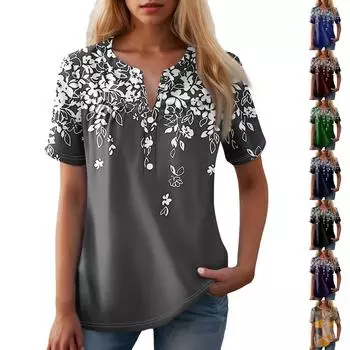 Женская повседневная футболка с v-образным вырезом и коротким рукавом с цветочным принтом и декоративными пуговицами, топ L