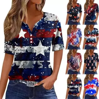 Женская повседневная футболка с v-образным вырезом и короткими рукавами, украшенная пуговицами, с принтом в честь Дня независимости, топ M