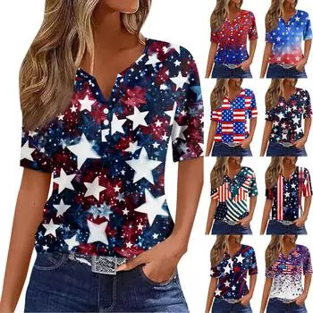 Женская повседневная футболка с v-образным вырезом и короткими рукавами, украшенная пуговицами, с принтом в честь Дня независимости, топ M синий
