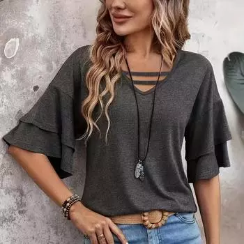 Женская повседневная футболка с V-образным вырезом | Полиэстеровая смесь эластана, рукава с оборками, однотонный летний модный топ, удобная трикотажная ткань S белый