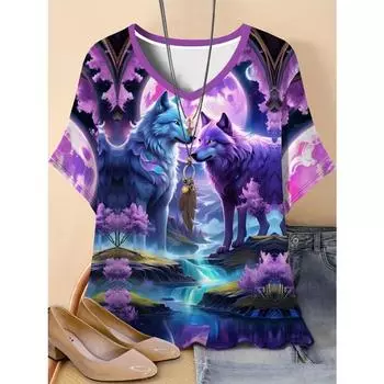 Женская повседневная футболка с V-образным вырезом, смесь полиэстера и спандекса, с анималистичным принтом в виде 3D-волка, лето S
