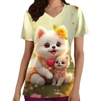 Женская повседневная футболка с V-образным вырезом, 3D-принтом собаки, коротким рукавом, полиэстеровая трикотажная ткань с карманами, классический крой, всесезонный топ S