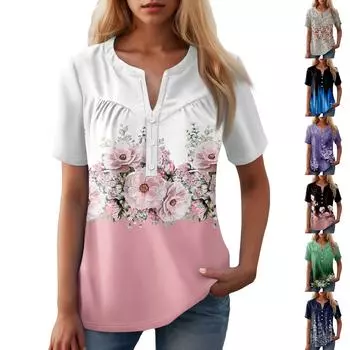 Женская повседневная футболка с v-образным вырезом и коротким рукавом с цветочным принтом и декоративными пуговицами, топ XXXL фиолетовый