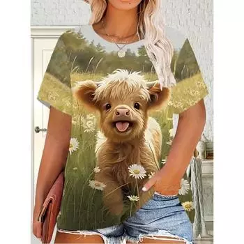 Женская повседневная футболка с V-образным вырезом, очаровательный 3D-принт Highland, легкая полиэстеровая смесь, короткий рукав, идеальная весна-лето S