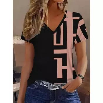 Женская повседневная футболка с V-образным вырезом, дышащий 3D-принт, короткий рукав, всесезонный летний повседневный топ S