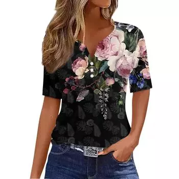Женская повседневная футболка с v-образным вырезом и коротким рукавом с цветочным принтом и декоративными пуговицами, топ S розовый