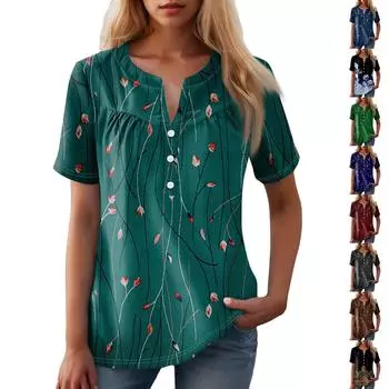Женская повседневная футболка с v-образным вырезом и коротким рукавом с цветочным принтом и декоративными пуговицами, топ L армия зеленый