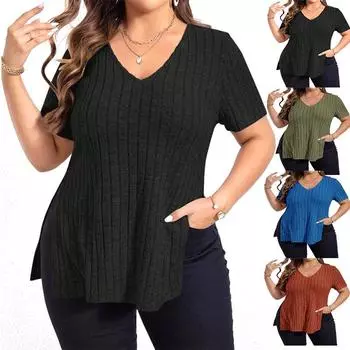 Женская повседневная футболка с V-образным вырезом и короткими рукавами, летняя модная футболка с разрезом, блузки больших размеров, топы S чёрный